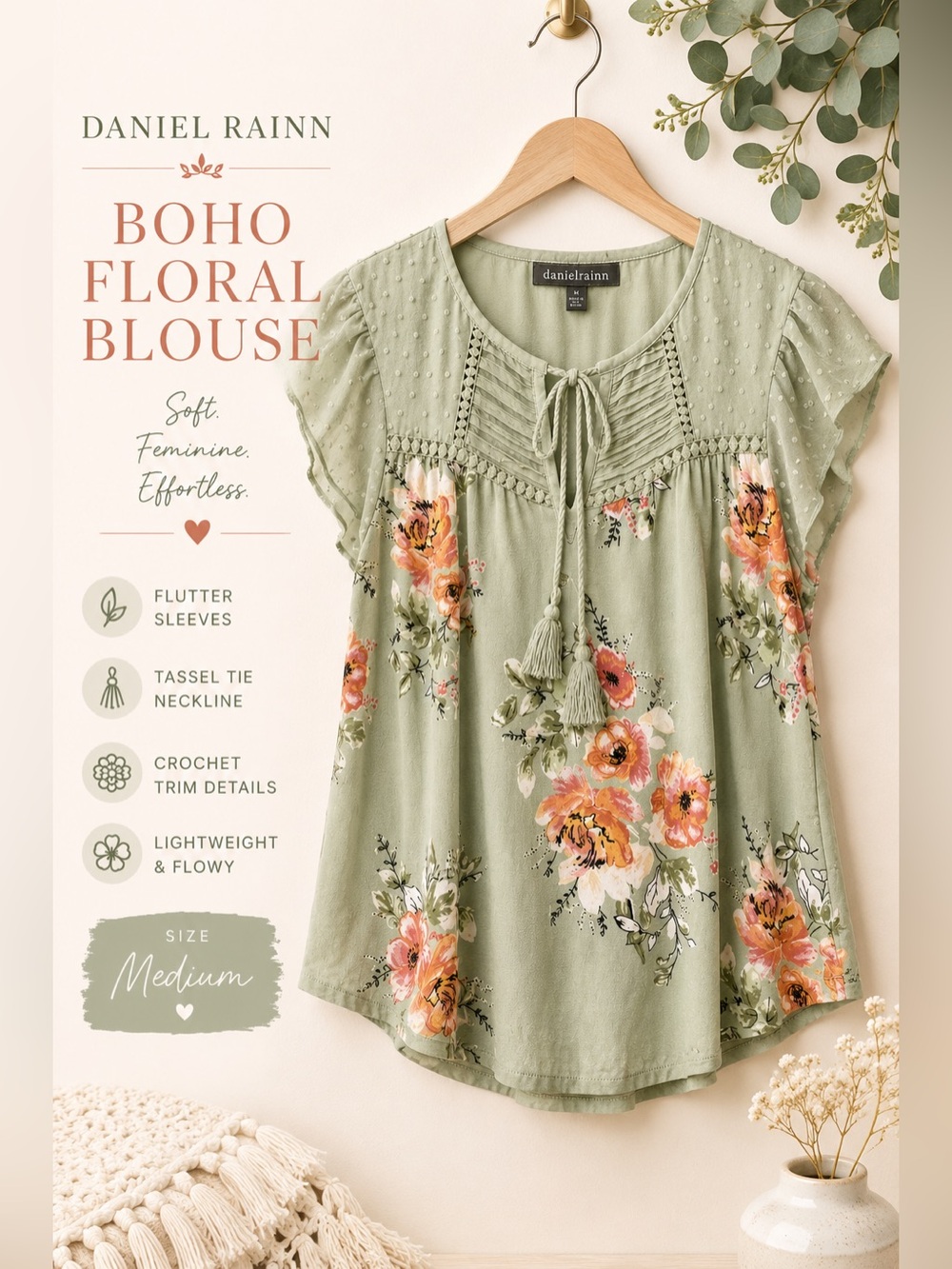 Daniel Rainn Floral Peasant Blouse Medium Sage Green Boho Top